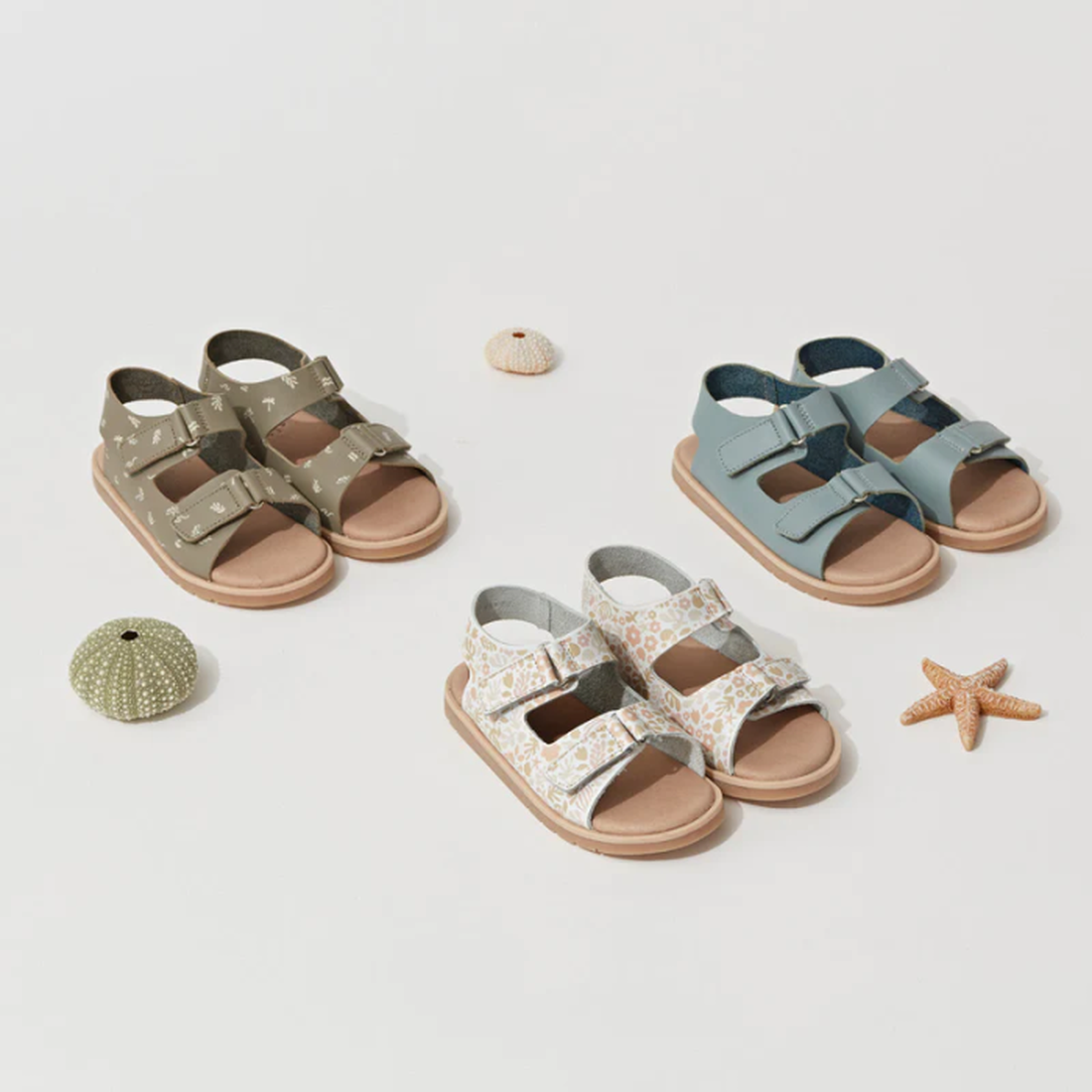 A pair of Pretty Brave WilderSeafoam Blue Kids Sandals (sizes 29-31, clearance, not returnable) with adjustable velcro straps is displayed on a white surface beside two sea urchin shells and a starfish., 9421036359633, 9421036359640, 9421036359657, 25291,