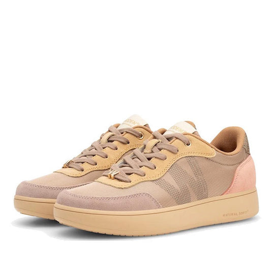 The Woden Line Sneak Blush Multi Lace Up Sneaker, shown on a white background, features a beige and light brown casual design with pink accents and beige soles. Crafted with Natural Soft Technology for ultimate comfort and style, these low-top sneakers co