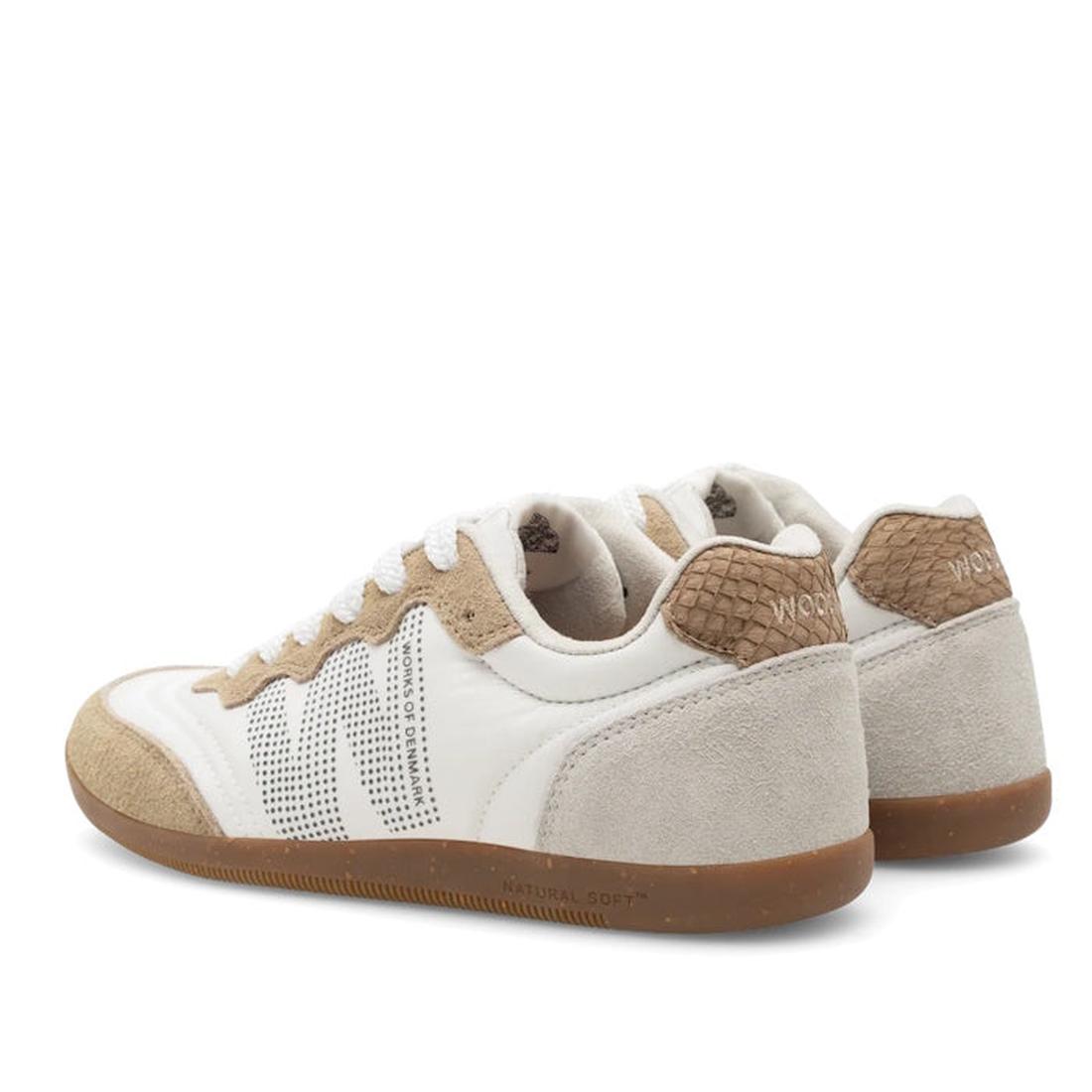 The Woden Nanna Blanc De Blance White Lace Up Sneaker features a white and beige design, suede accents, brown textured heels, perforated sides, and gum rubber soles, shown against a white background., 50285, 5713326712193, 5713326712209, 5713326712216, 50