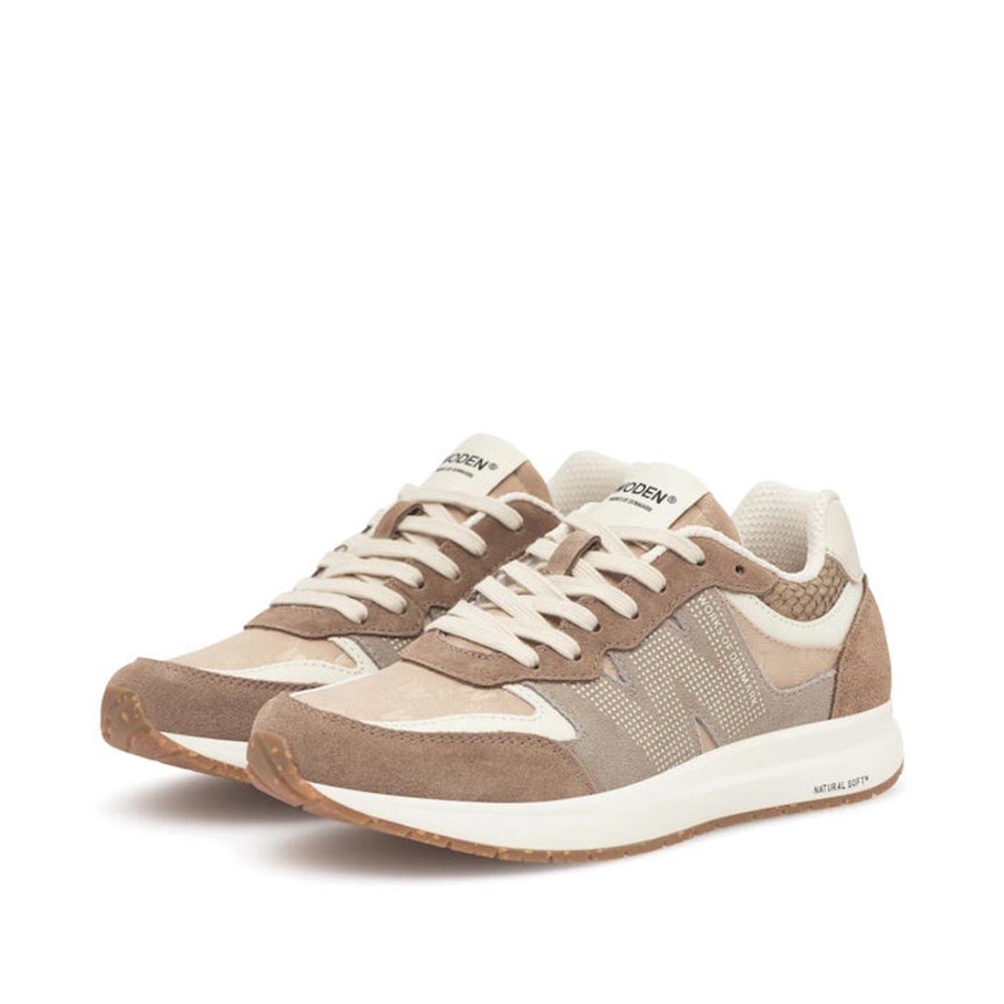 The Woden Rigmor Heritage Coffee Cream Lace Up Sneaker features a sporty beige and brown design with white laces and sole. Made from mesh, leather, and LWG certified suede, they're shown side by side on a white background., 50259, 5713326695113, 571332669
