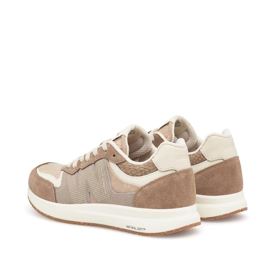 The Woden Rigmor Heritage Coffee Cream Lace Up Sneaker features beige and light brown mesh and LWG-certified suede panels, white soles, and a textured heel, seen from the back and side., 50259, 5713326695113, 5713326695120, 5713326695137, 50263, 50264