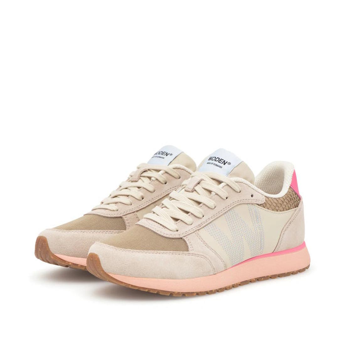 The Woden Ronja Ivory Blush Lace Up Sneaker features beige uppers, nude mesh panels, pale blue and hot pink accents, light pink soles, white laces, and tongue labels—all crafted from recycled textiles., 50265, 5713326700633, 5713326700640, 5713326700657, 