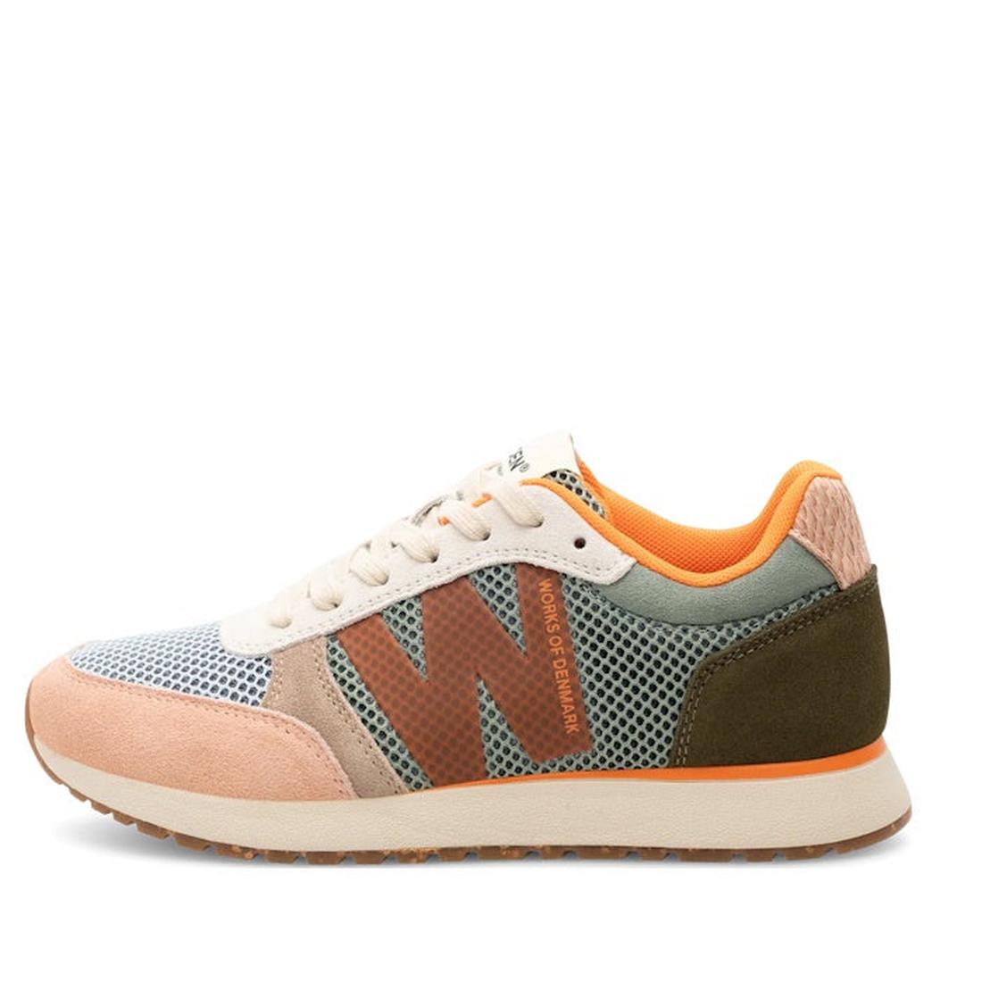 The Woden Ronja Icon Light Algae Multi Lace Up Sneaker features a beige suede toe, olive green heel, orange accents, mesh panels, a large brown W logo, white laces, orange lining, and WODEN Air Flow System for breathability.