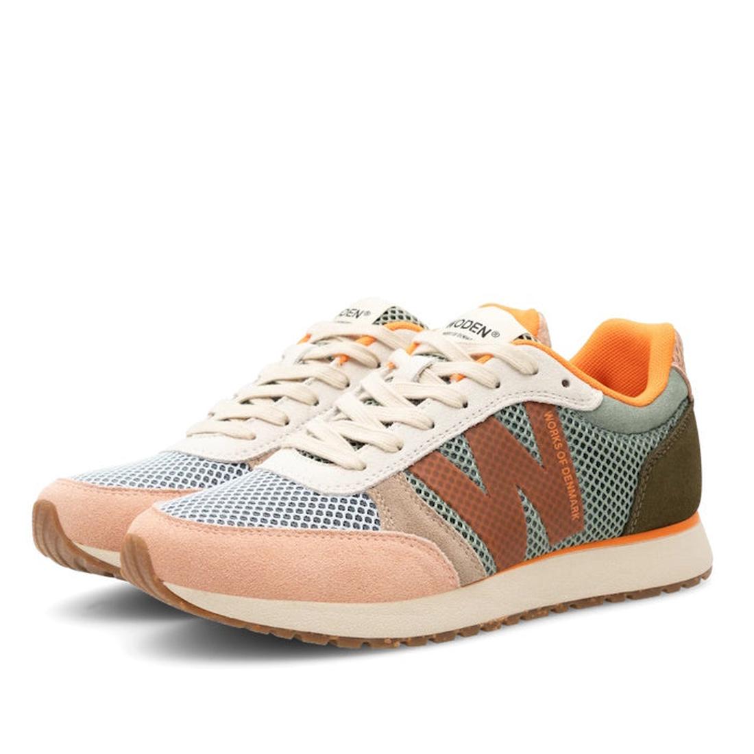 The Woden Ronja Icon Light Algae Multi Lace Up Sneaker features certified beige, pink, and olive green suede panels, orange mesh accents, white midsoles and laces, gum outsoles, and a bold orange W design on the sides., 50275, 5713326699838, 5713326699845