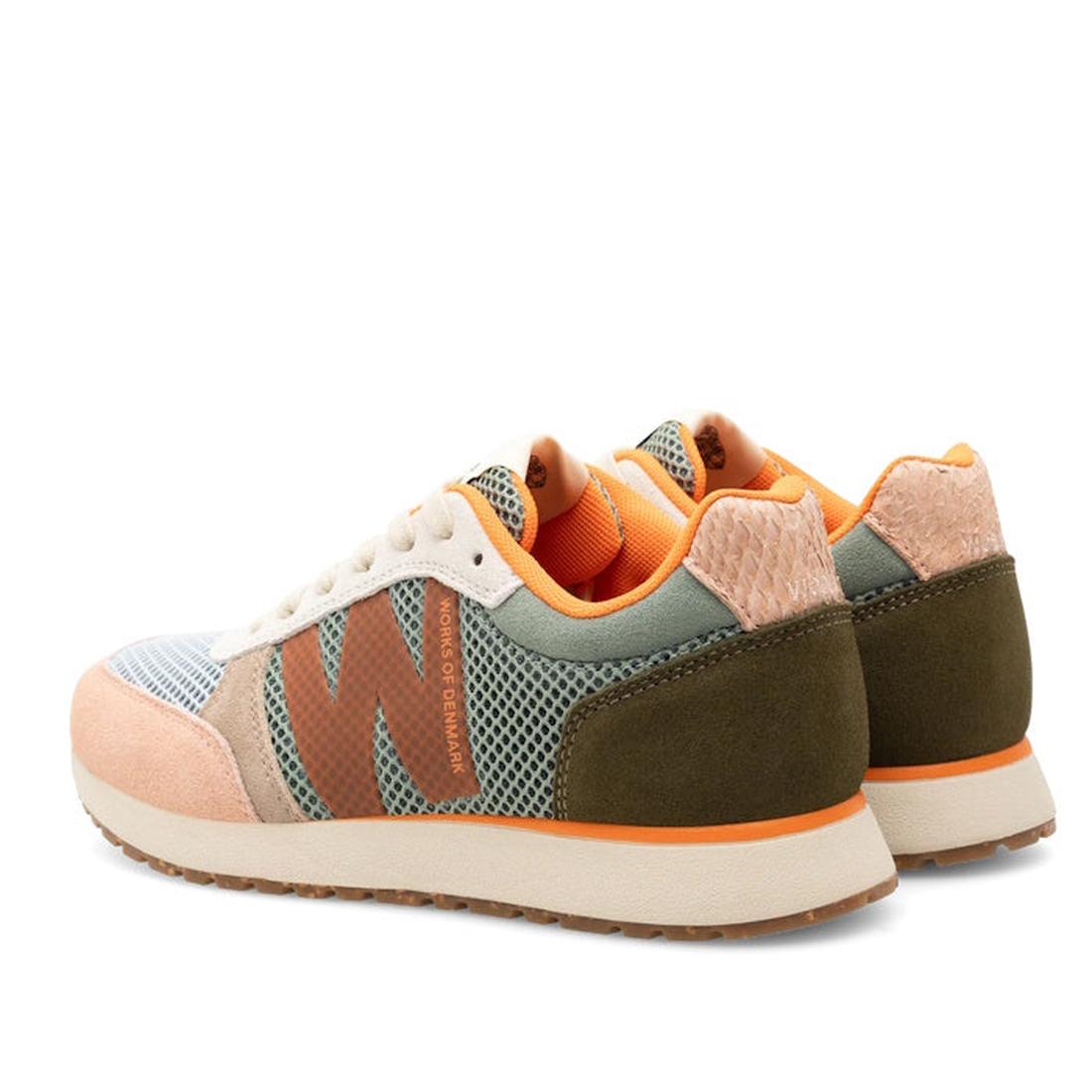 The Woden Ronja Icon Light Algae Multi Lace Up Sneaker is a stylish athletic shoe in peach, olive green, orange, and light gray with mesh panels for breathability (WODEN Air Flow System), certified suede accents, and an orange W logo., 50275, 571332669983