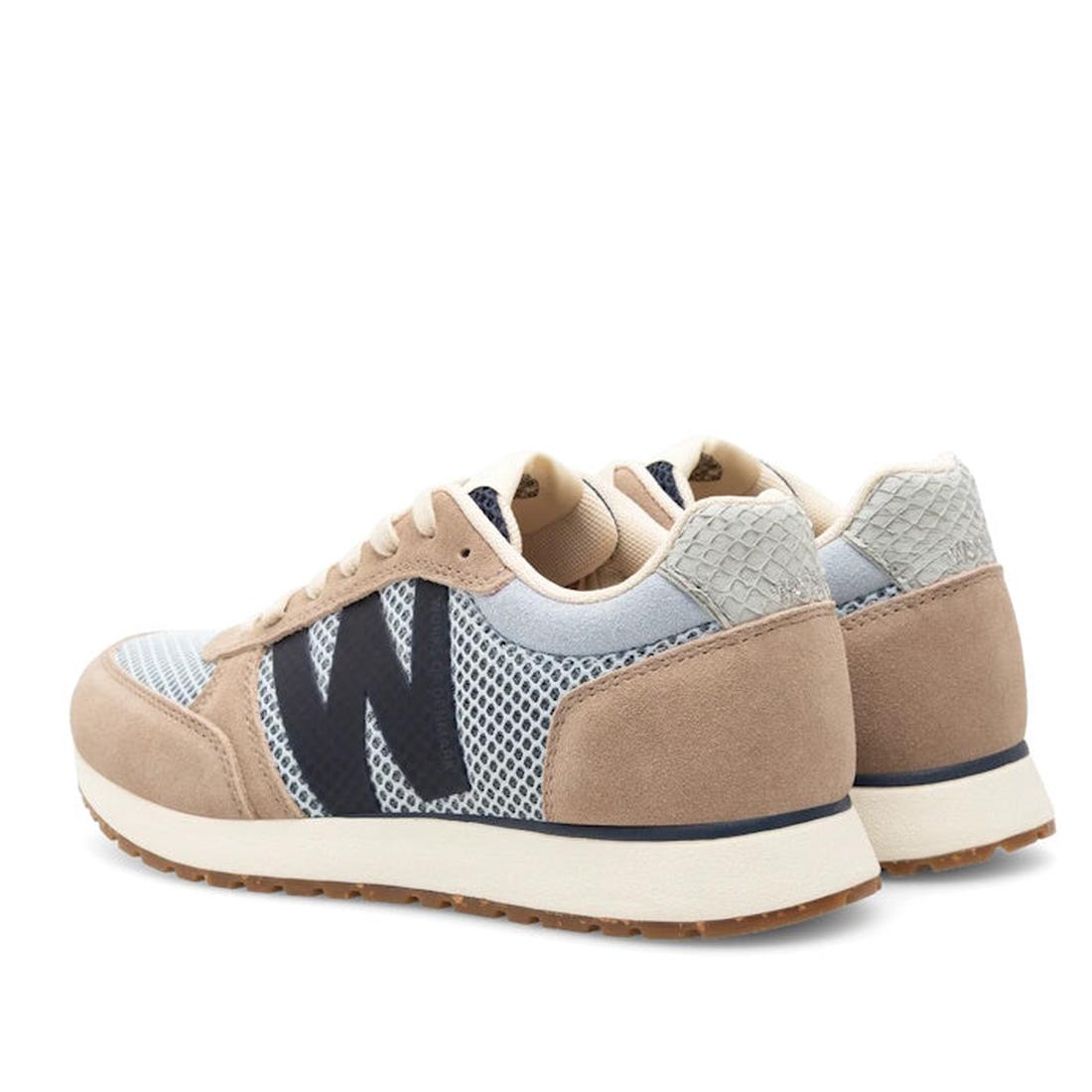 The Woden Ronja Icon Moonstone Multi Lace Up Sneaker features beige, gray, and black hues with recycled mesh panels, suede details, textured heel accents, and a thick sole—shown angled to display the side and back., 50270, 5713326699678, 5713326699685, 57