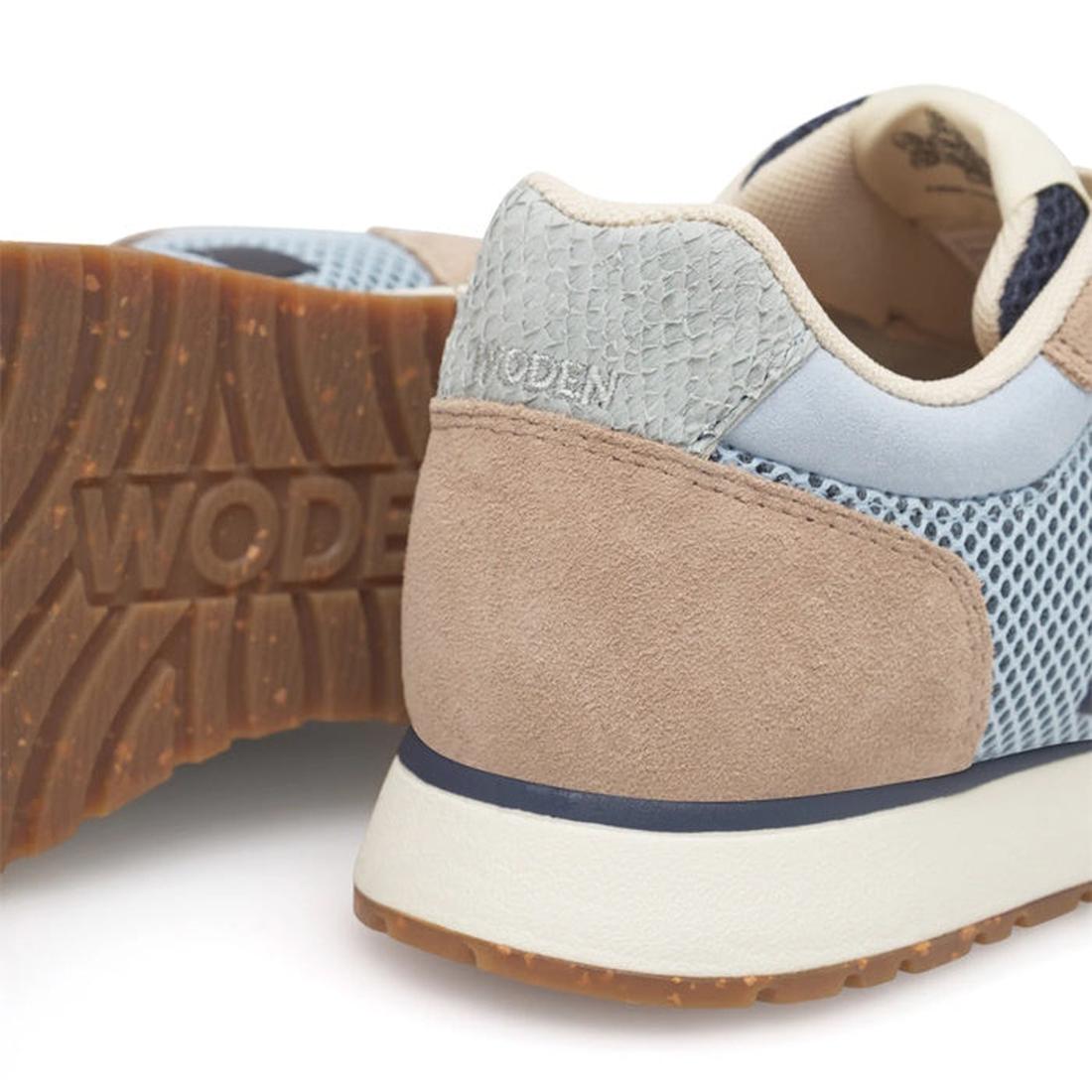 Close-up of the Woden Ronja Icon Moonstone Multi Lace Up Sneaker, showing a brown textured sole, light blue and beige suede with recycled mesh upper, and WODEN branding on the heel and sole., 50270, 5713326699678, 5713326699685, 5713326699692, 50274