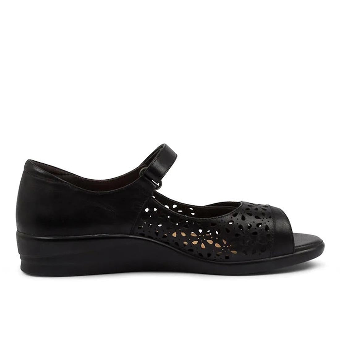 The Ziera Daffodil W Womens Black Leather Sandal Shoe features a low wedge, closed heel, open toe, perforated floral side design, adjustable instep strap, and high arch support for lasting comfort., 49107, 49108, 9355342051830, 9355342051687, 935534205169
