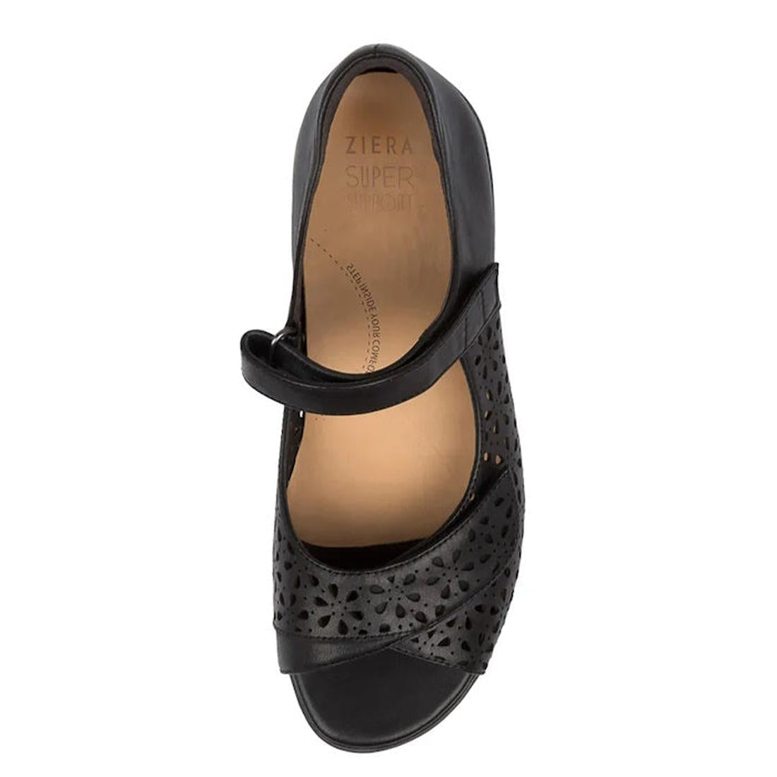 The Ziera Daffodil W Women's Black Leather Sandal Shoe features a floral cutout pattern, single strap, and tan insole with Ziera branding. It includes a removable Super Support footbed for high arch support., 49107, 49108, 9355342051830, 9355342051687, 93