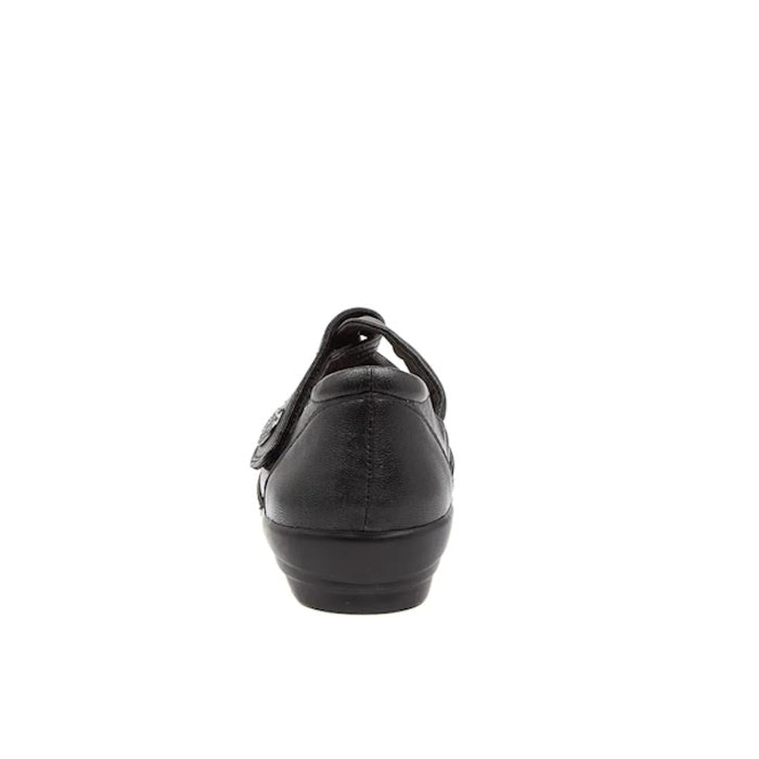 The Ziera Doxie W Wide Women's Black Leather Sandal is shown from the back, highlighting its low heel, closed design, and top strap. The plain white background accentuates the sandal's elegant features., 48826, 48827, 9355342058310, 9355342058334, 9355342