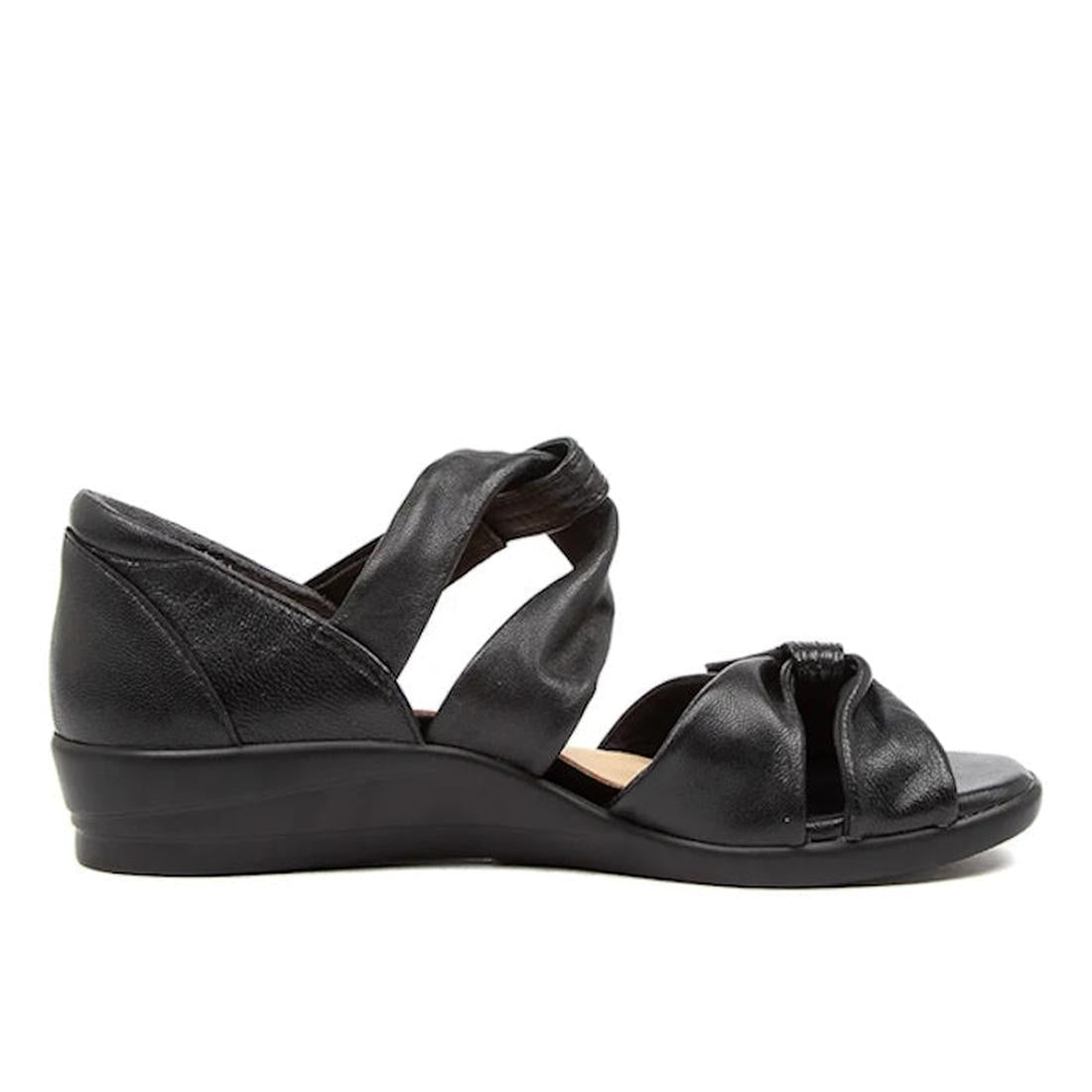 The Ziera Doxie W Wide Women's Black Leather Sandal features open toes, crisscross gathered leather straps, a supportive backstrap, slight heel, and high arch support for comfort., 48826, 48827, 9355342058310, 9355342058334, 9355342058358, 9355342058372, 