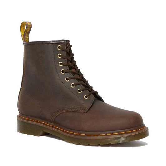 Image of right foot, side on of Dr Martens 1460 YS Gaucho Crazy Horse Leather 8 Up Boot Brown-Foot Forward Shoes