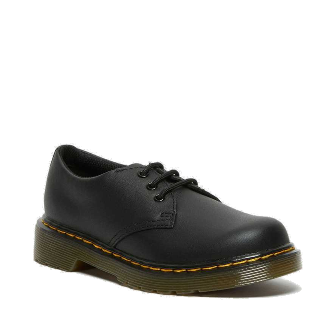 Dr Martens Kids 1461 J Black School Shoe—durable, black lace-up with signature yellow stitching and sturdy translucent sole.  ksnz