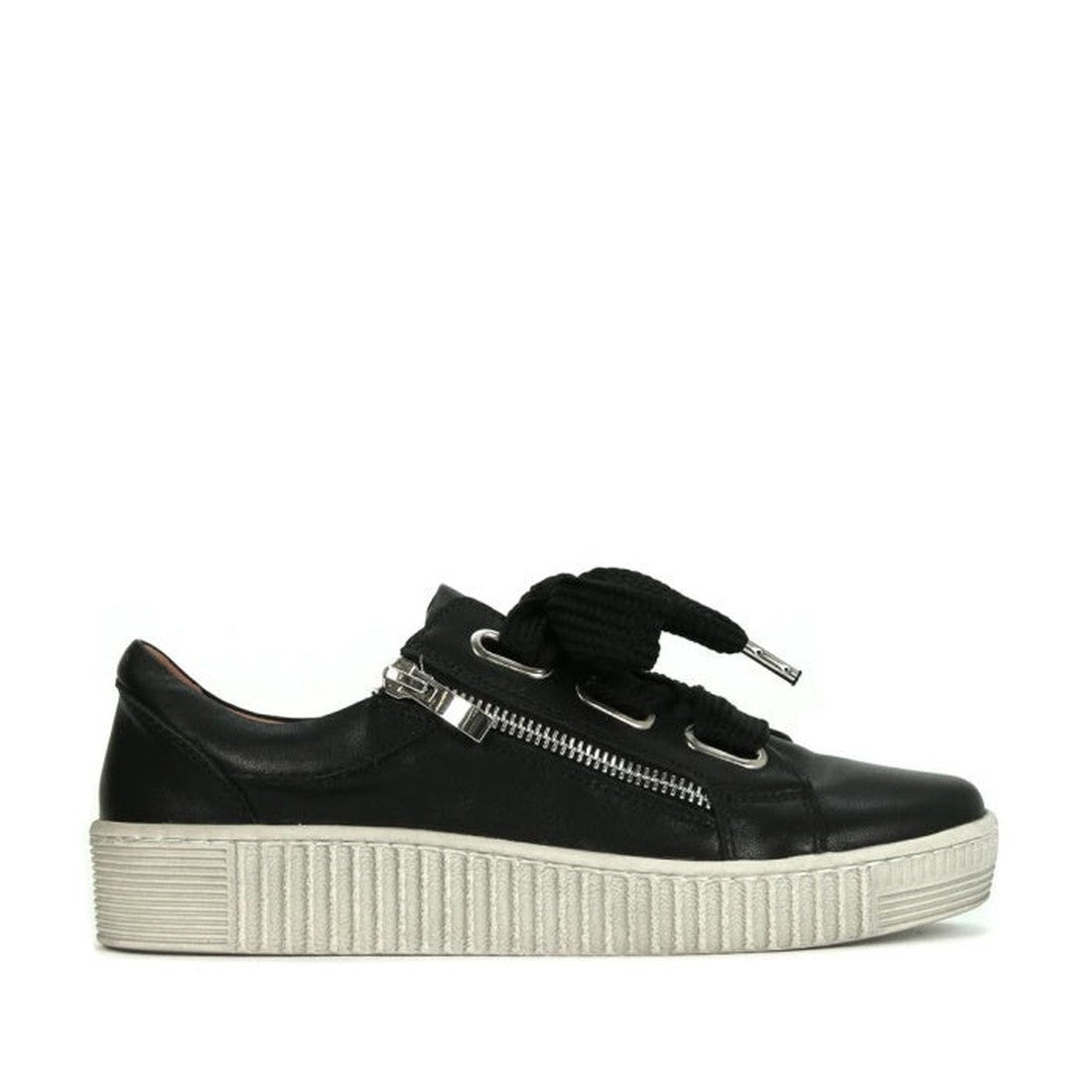 The EOS Jovi Leather Trainer Black features Italian black leather, thick black laces, a silver side zipper, and a chunky rubber sole—ideal for comfortable, casual wear. Displayed on a white background., 9321190926491, 10808, 9321190926514, 9321190926521, 