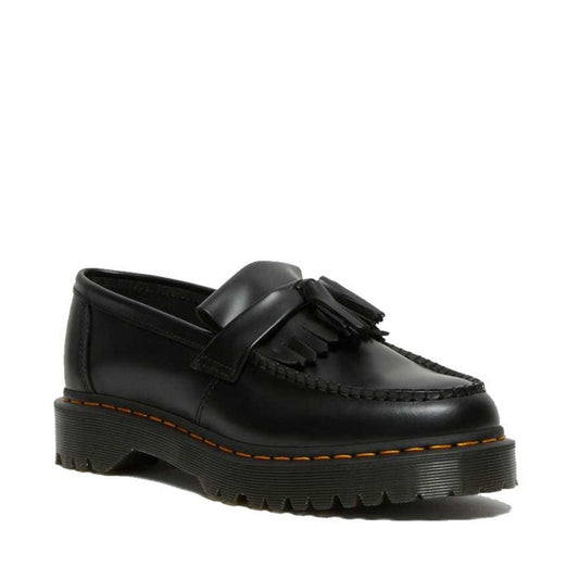 Image of right foot, side on of Dr Martens Adrian Bex Black Smooth Platform Loafer Shoes-Foot Forward Shoes