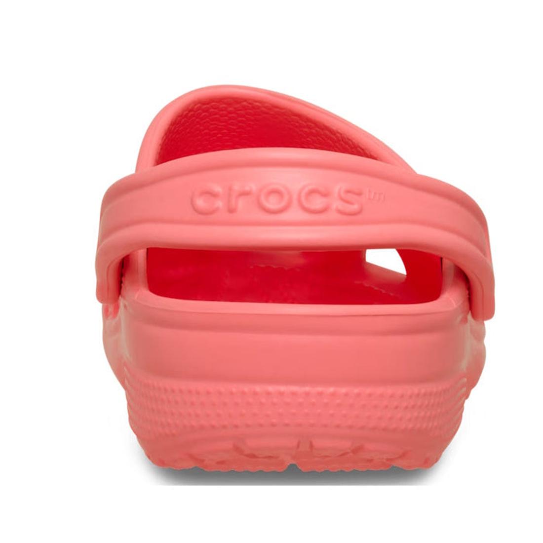 Rear view of a Crocs - Classic Clog Adults Guava Pink Orange, featuring the back strap with CROCS embossed and a textured sole, showcasing signature Crocs Comfort., 49797, 49798, 49799, 49800, 49801, 49802, 49803, 49804, 49805, 49797, 198445380419, 198445