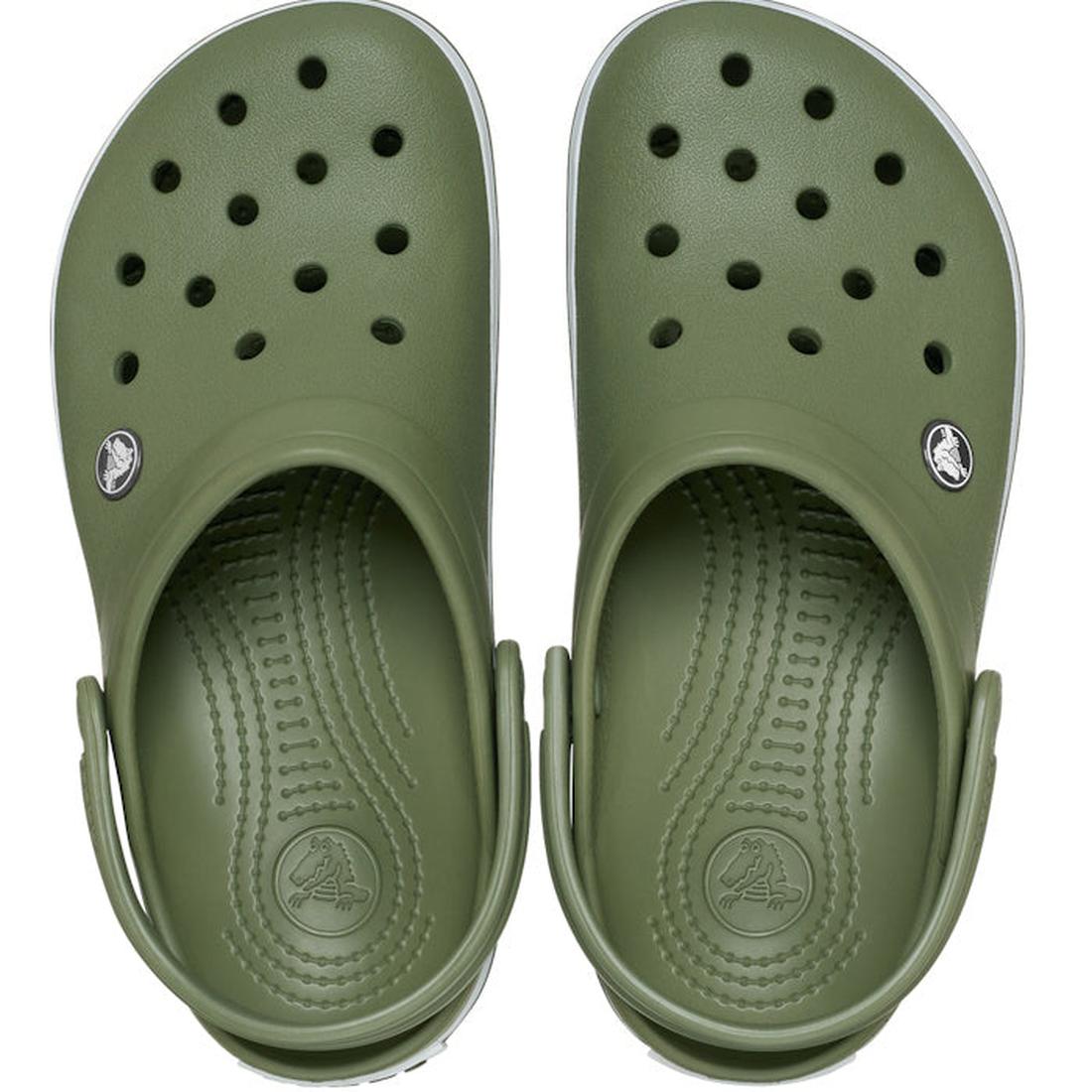 A pair of Crocs Crocband Clog Cargo Green Mens Womens, viewed from above, featuring ventilation holes, an adjustable heel strap, textured Croslite foam footbeds, and a small circular logo on the side., 49772, 198445338953, 198445338960, 198445338977, 1984, 198445338984, 198445338991, 198445338908, 198445338915