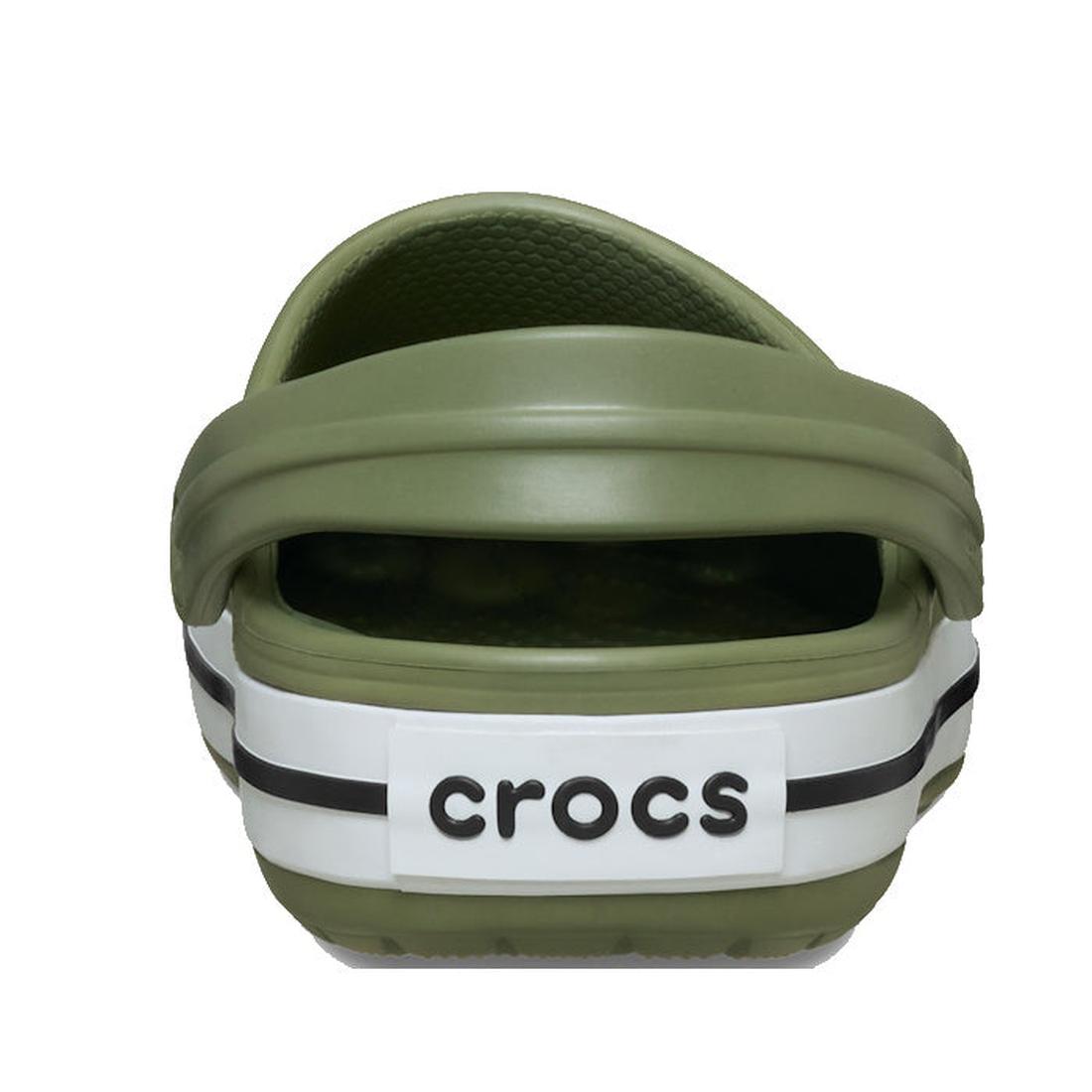 Rear view of the Crocs Crocband Clog Cargo Green Mens Womens, showing a white heel strap with black Crocs logo, two black stripes on the sole, and a cushioned Croslite foam footbed for comfort., 49772, 198445338953, 198445338960, 198445338977, 19844533898, 198445338984, 198445338991, 198445338908, 198445338915