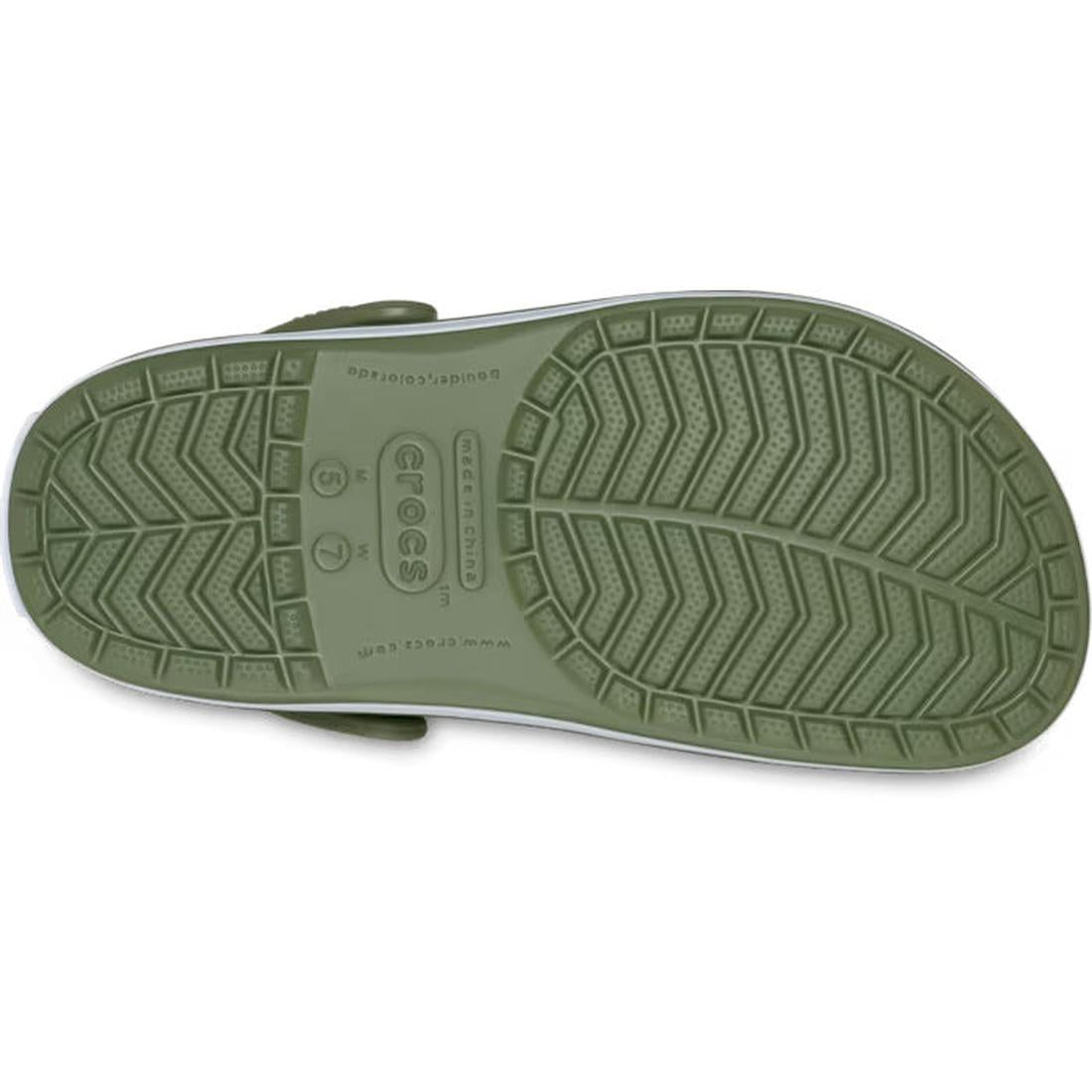 The image displays the sole of a Crocs Crocband Clog Cargo Green Mens Womens sandal, featuring a textured non-slip tread, Crocs logo, sizing and care info at the center, and lightweight Croslite foam for comfort., 49772, 49773, 49774, 49775, 49776, 49777,