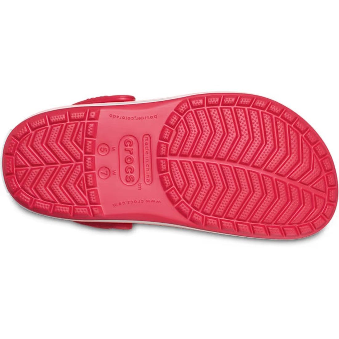 The image shows the sole of a Crocs Crocband Clog Digital Raspberry Mens Womens, featuring a textured herringbone tread pattern and the Crocs logo molded into the center of the footbed., 49806, 49807, 49808, 49809, 49810, 49811, 49812, 49813, 49814, 49815, 198445339158, 198445339165, 198445339172, 198445339189