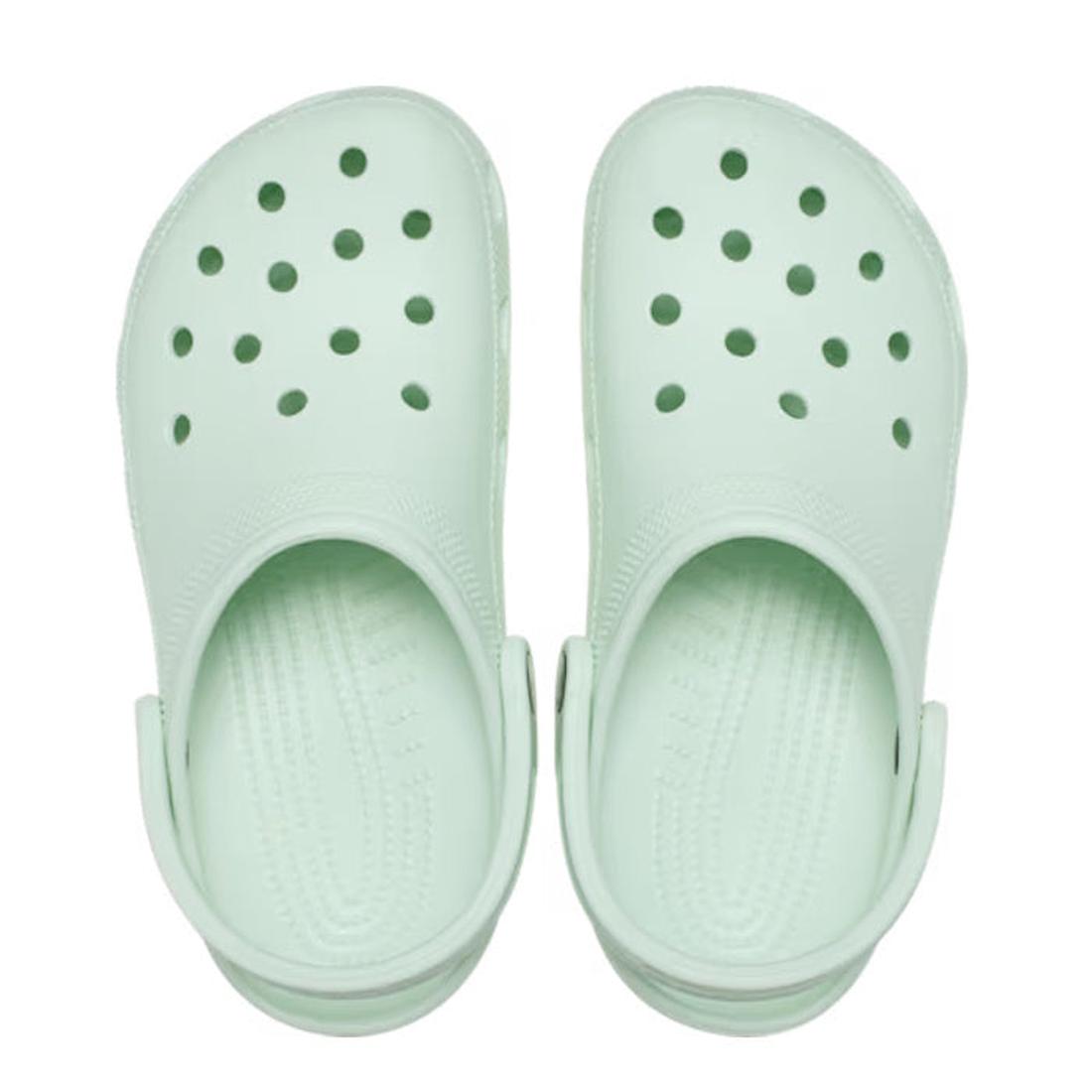 Pair of adults crocs mint tint  light green clogs with holes. top down view on a white background,
198445189661,
198445189678,
198445189685,
198445189692,
198445189708,
198445189715,
198445189609,, 198445189661, 198445189678, 198445189685, 198445189692, 1