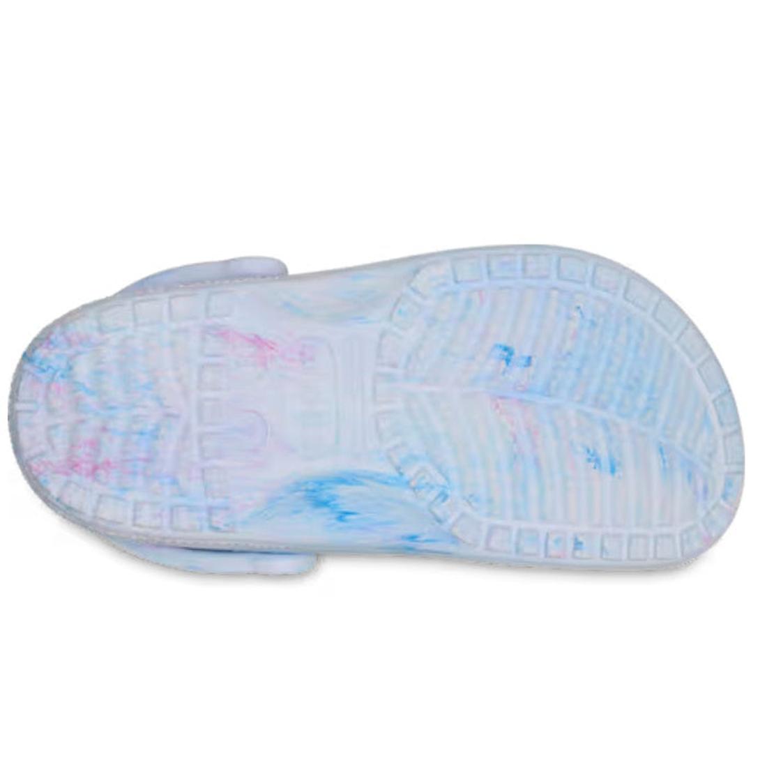 The sole of a Crocs Classic Clog blue marbled with pink and light blues sandal with colorful sole pattern on a white background.,
198445278969,
198445278976,
198445278983,
198445278990,
198445279003,
198445278891,, 46164, 46165, 198445278969, 198445278976