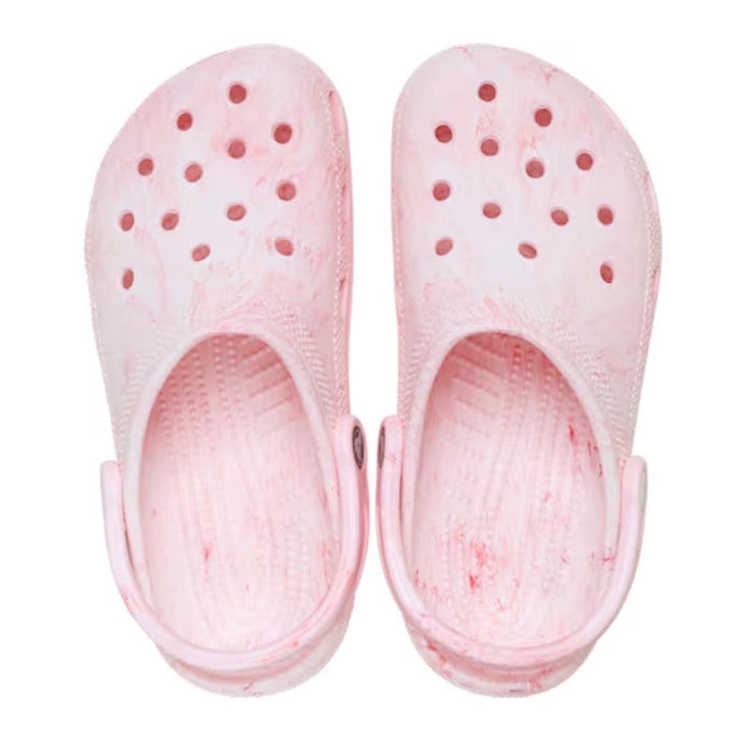 A pair of Crocs - Classic Watercolour Marbled Clog in Guava Swirl, with ventilation holes, heel strap, and cushioned Croslite foam, is shown from above on a white background., 49756, 49757, 49758, 49759, 49760, 49761, 49762, 49763, 49756, 198445357503, 19