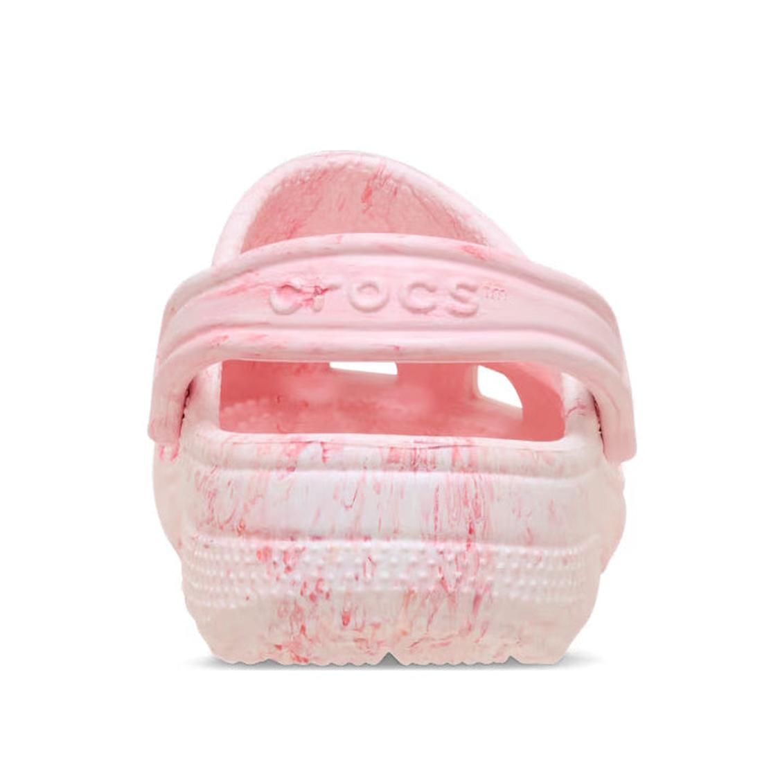 A rear view of the Crocs - Classic Watercolour Marbled Clog Guava Swirl showcases the heel strap with Crocs logo, textured sole, and signature Croslite foam for comfort., 49756, 49757, 49758, 49759, 49760, 49761, 49762, 49763, 49756, 198445357503, 1984453
