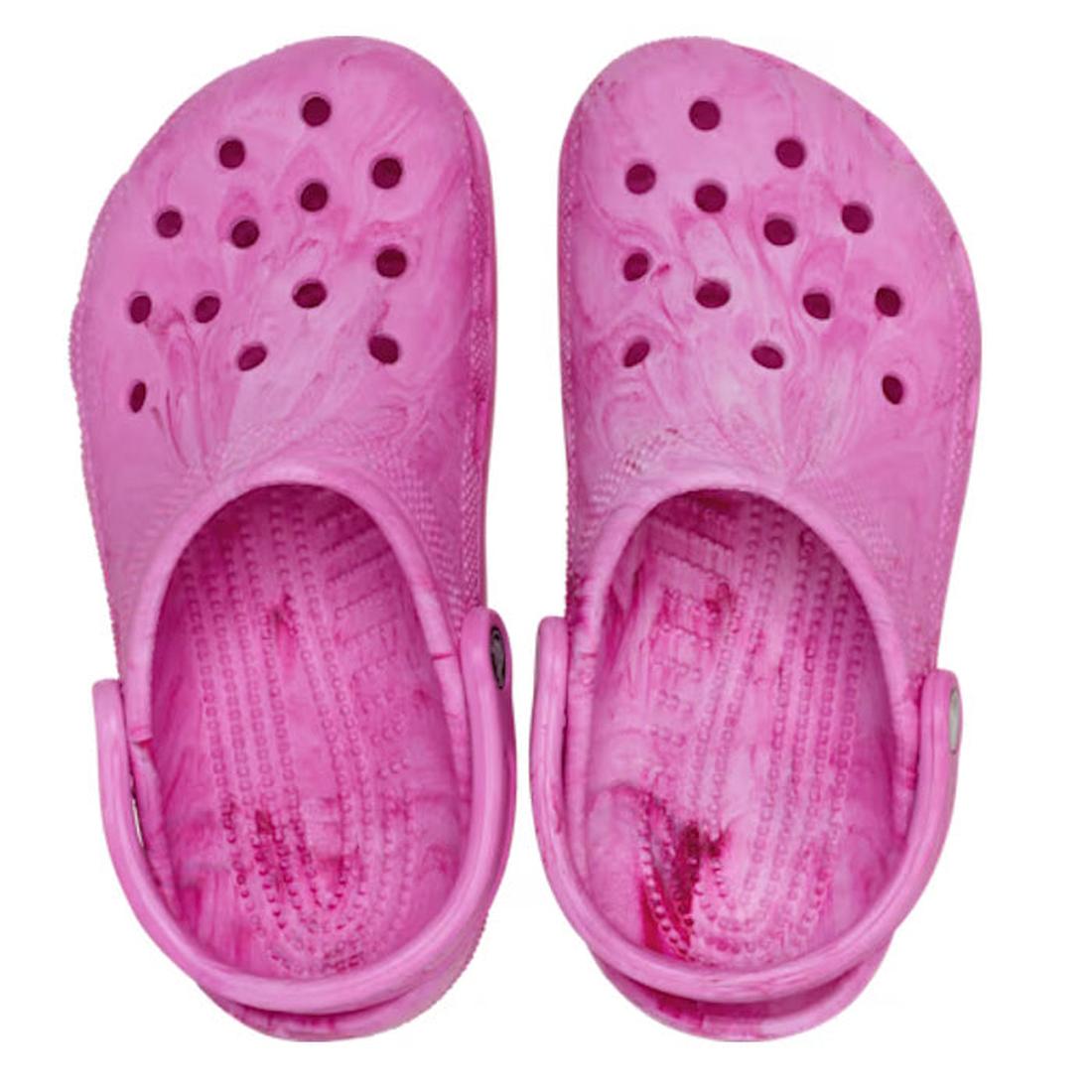 Top down view of Crocs watercolour swirly pattern Pair of pink clogs with a marble pattern on a white background.,
198445279324,
198445279331,
198445279348,
198445279355,
198445279362,, 46535, 46536, 198445279324, 198445279331, 198445279348, 198445279355,