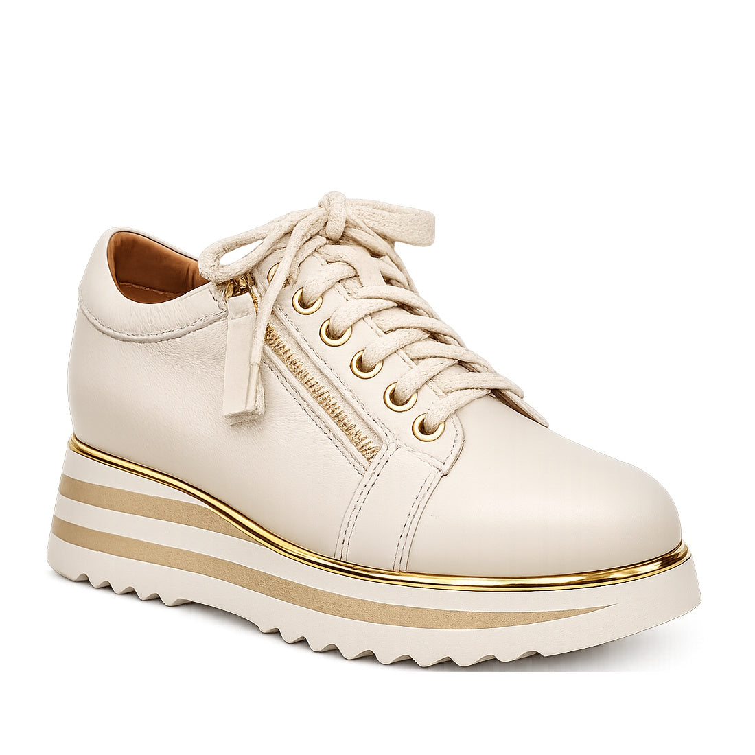 The Alfie & Evie Hosting Womens Leather Shoe Platform in Cream/Gold features a stylish leather design with gold accents, gold-striped sole, cream laces, and a side zipper—lightweight and perfect for elevating your look.