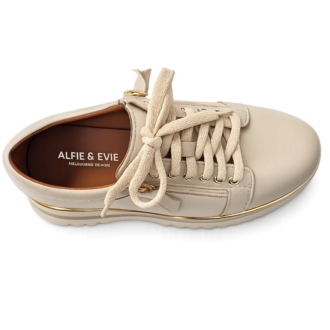A cream/gold Alfie & Evie Hosting women’s leather platform shoe with thick laces and gold accents, featuring “ALFIE & EVIE MELBOURNE DESIGN” on the insole. The lightweight shoe is viewed from above on a white background., 38135, 9353738178833, 93537381788