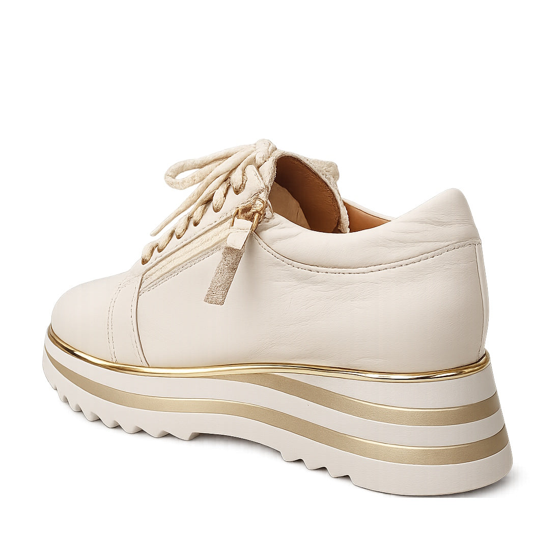 The Alfie & Evie Hosting Womens Leather Shoe in Cream/Gold features a thick striped platform sole, beige laces, side zipper detail, and lightweight leather. Shown here from the back left angle., 38135, 9353738178833, 9353738178840, 9353738178857, 93537381