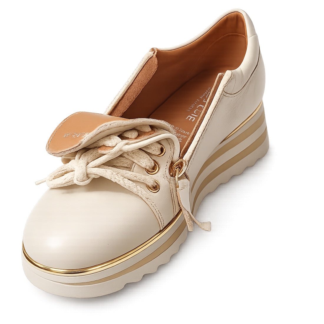The Alfie & Evie Hosting Womens Leather Shoe Platform in cream/gold features gold accents, a side zipper, thick sole, decorative laces, and tan leather detail—delivering stylish comfort in a lightweight women's sneaker., 38135, 9353738178833, 935373817884
