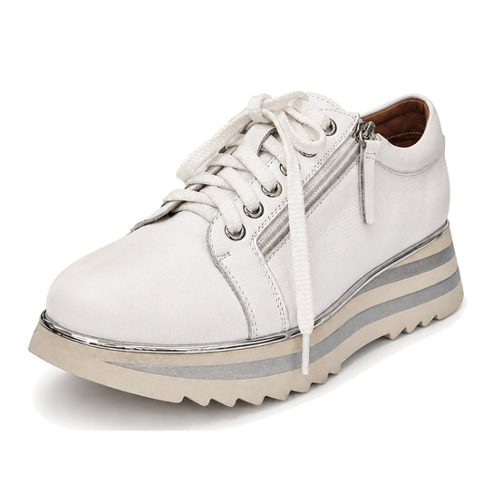 The Alfie & Evie Hosting Womens Leather Shoe in White/Silver is a lightweight platform sneaker with white laces, silver zipper detail, and a thick sole featuring cream and silver stripes—ideal for everyday comfort and style.
