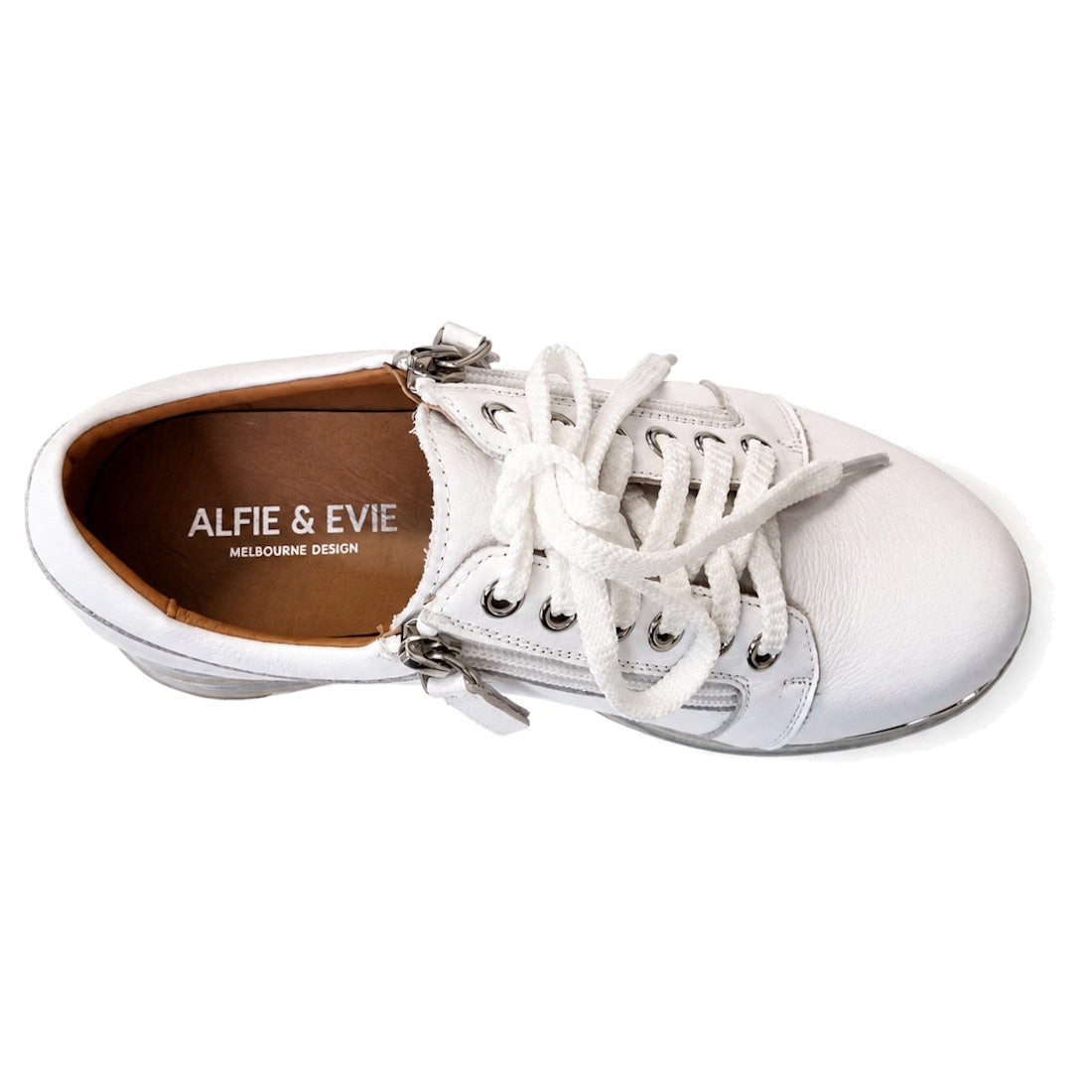 An Alfie & Evie Hosting Women's Leather Shoe Platform in White/Silver, featuring white laces, silver eyelets, a tan inner lining, and "ALFIE & EVIE MELBOURNE DESIGN" branding on the insole. Shown from above on a white background., 43583, 43584, 43585, 435