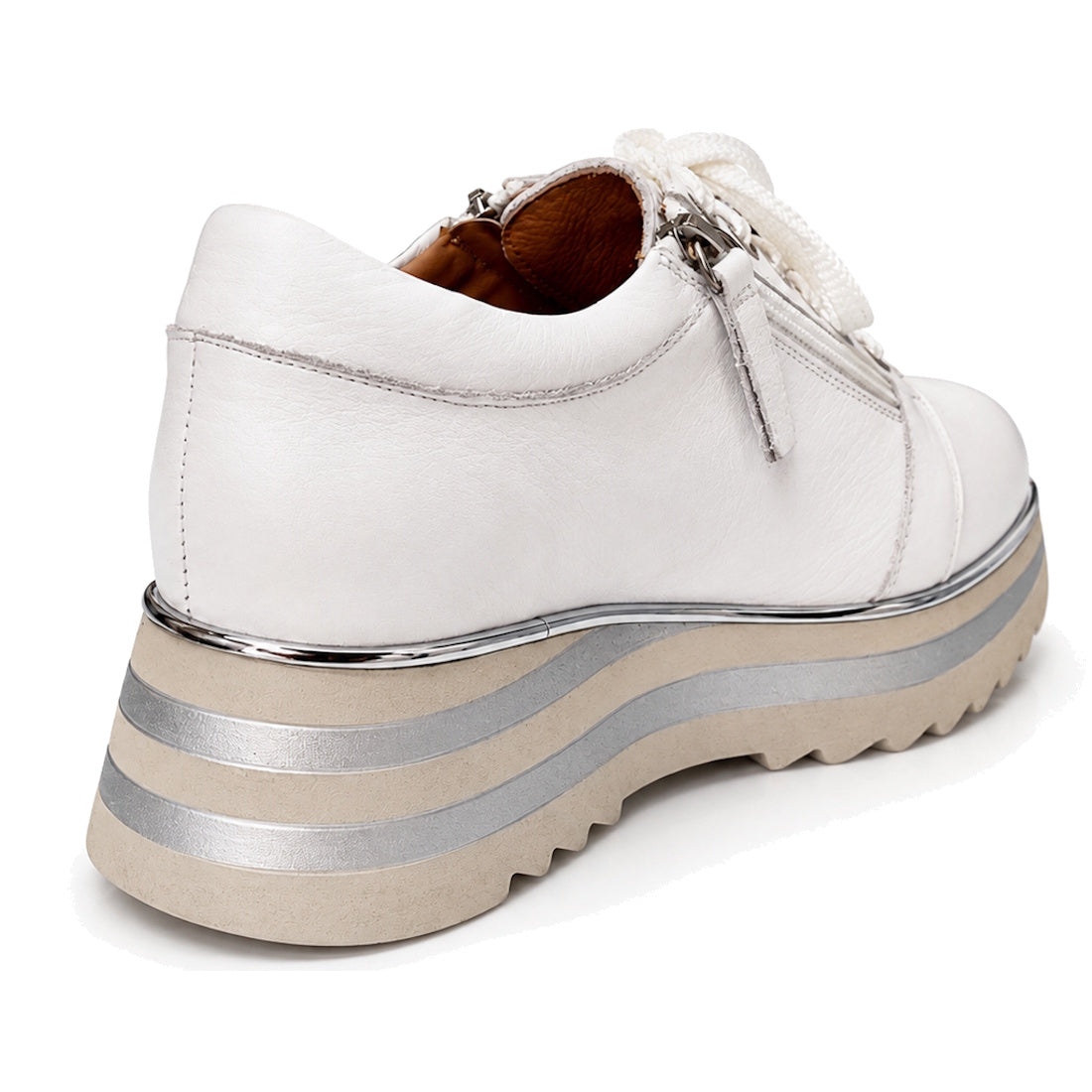 The Alfie & Evie Hosting Womens Leather Shoe Platform in White/Silver features a thick, lightweight sole, silver and beige striped layers, visible stitching, and large white laces, shown from the back and side., 43583, 43584, 43585, 43586, 43587, 43588, 4