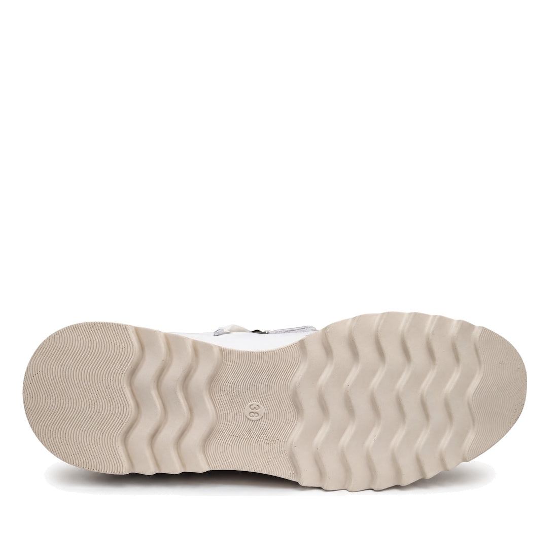 The image shows the bottom view of the Alfie & Evie Hosting Womens Leather Shoe Platform in White/Silver, featuring a beige wavy-patterned rubber sole with deep traction grooves and a small circular logo at the center., 43583, 43584, 43585, 43586, 43587, 
