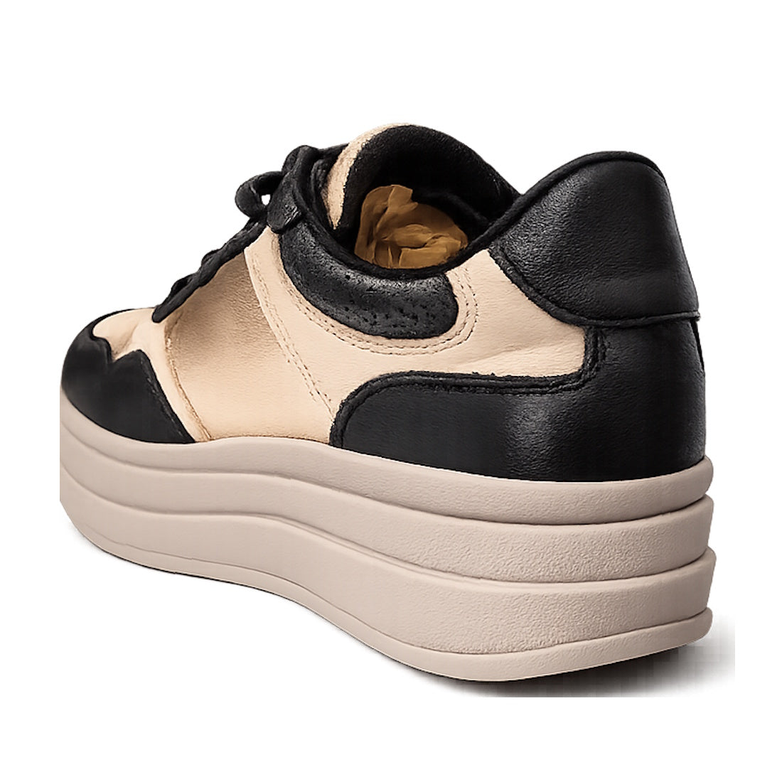 The Alfie & Evie Isaac Black Leather Women's Platform Sneaker features a thick beige platform sole, beige upper, and black accents on the heel, toe, and laces. Shown from the back on a white background., 43852, 43853, 43854, 43855, 43856, 43857, 43858