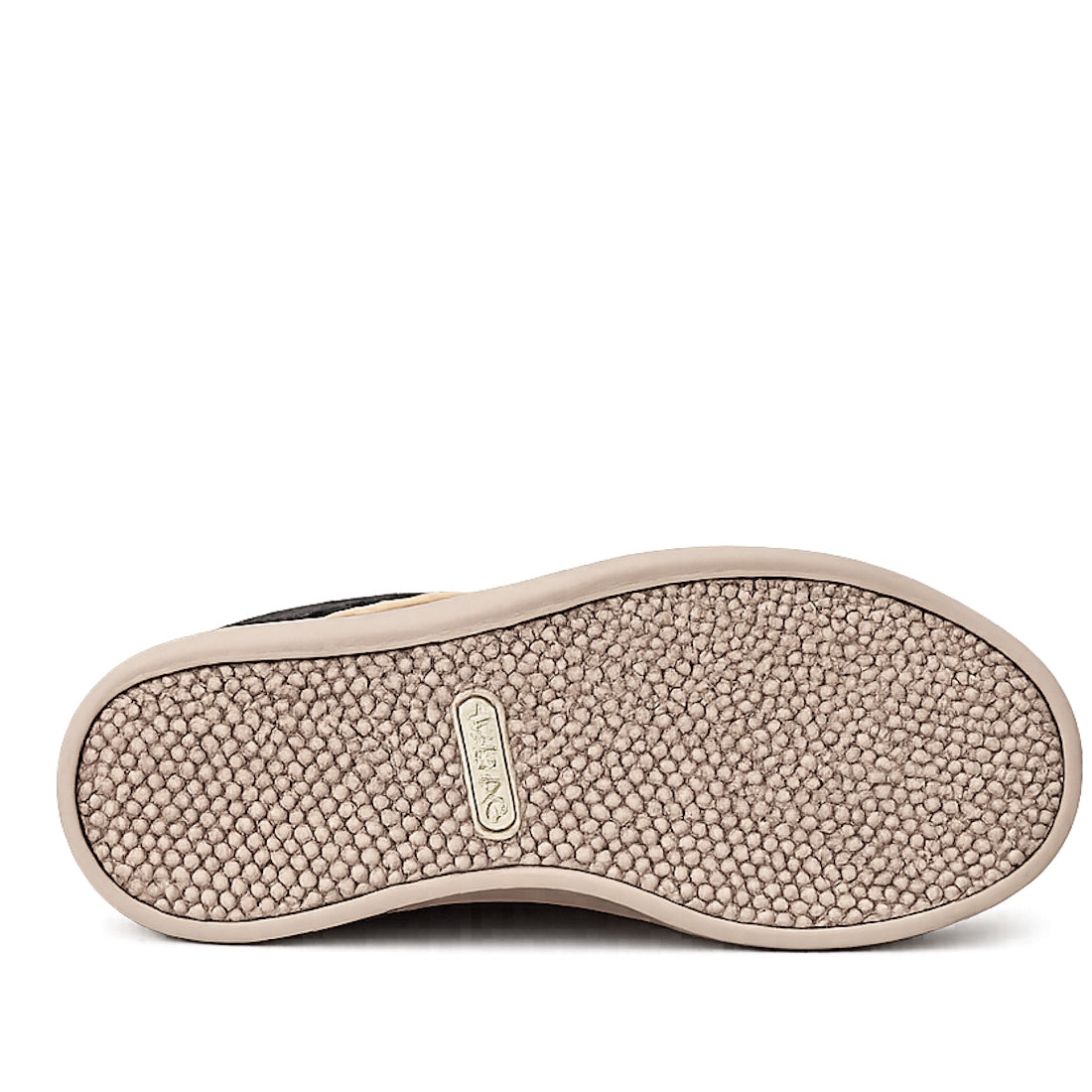 The image shows the textured beige platform sole of the Alfie & Evie Isaac Black Leather Womens Platform Sneaker Rose Gold, viewed from below. The surface has a pebbled texture and a small rectangular branded label near the center., 43852, 43853, 43854, 43855, 43856, 43857, 43858