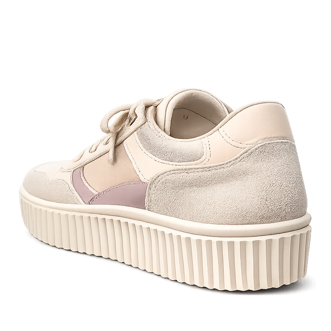 The Alfie & Evie Rambo Womens Leather Sneaker Platform Nude Combo features beige and pink cream leather, suede panels, a lace-up front, memory foam insole, ridged platform sole, and a subtle star detail on the side. Shown from the back left., 9353738208608, 43599, 9353738208622, 9353738208639, 9353738208646, 43603