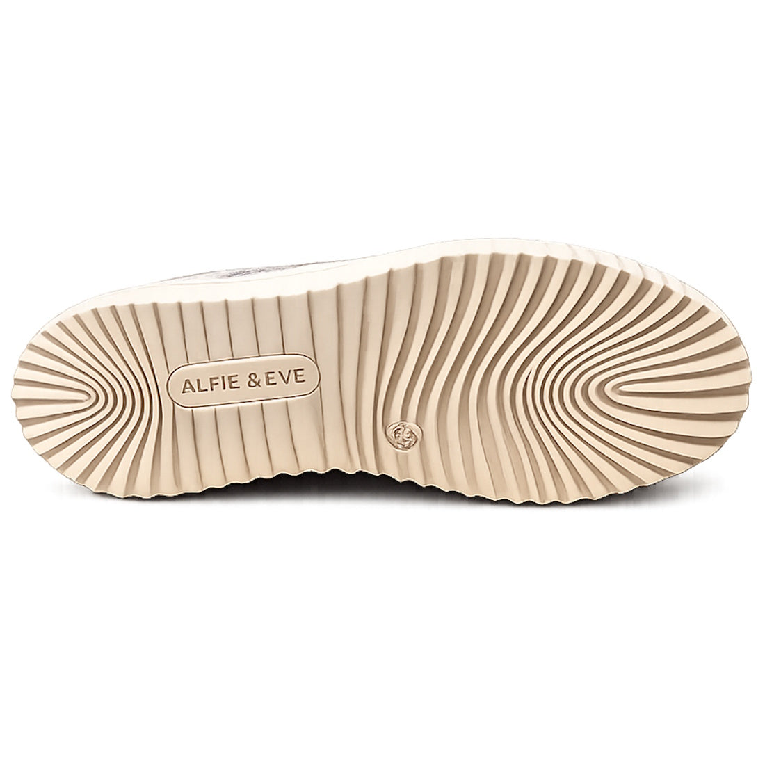 The image shows the beige sole of the Alfie & Evie Rambo Womens Leather Sneaker Platform Nude Combo, featuring wavy textured grooves and the embossed brand name, highlighting its supportive memory foam insole., 9353738208608, 43599, 9353738208622, 9353738208639, 9353738208646, 43603