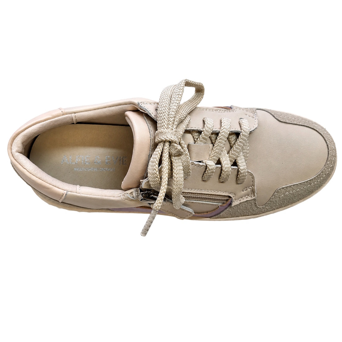 Top view of the Alfie & Evie Rambo Womens Leather Sneaker Platform in Nude Combo, featuring beige suede and leather textures, light tan laces, double zip detail, memory foam insole, and a padded collar on a white background., 9353738208608, 43599, 9353738208622, 9353738208639, 9353738208646, 43603