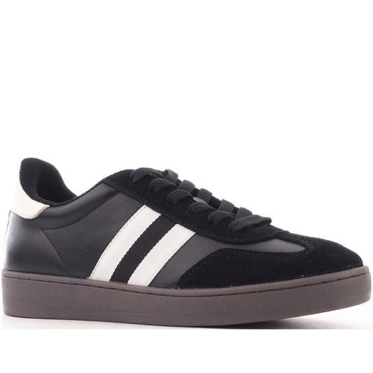 Alfie & Evie Attitude Suede Women's Sneaker in Black White, comfy lace-up style with dark sole, soft suede, and fun white stripes.  ksnz
