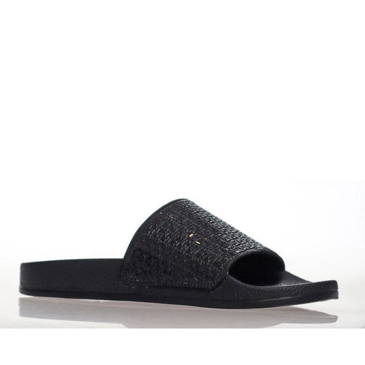 Alfie & Evie Billie Black Diamante Slide sandal with sparkly strap, cozy arch support, open toe, and easy slip-on sole on white.  ksnz