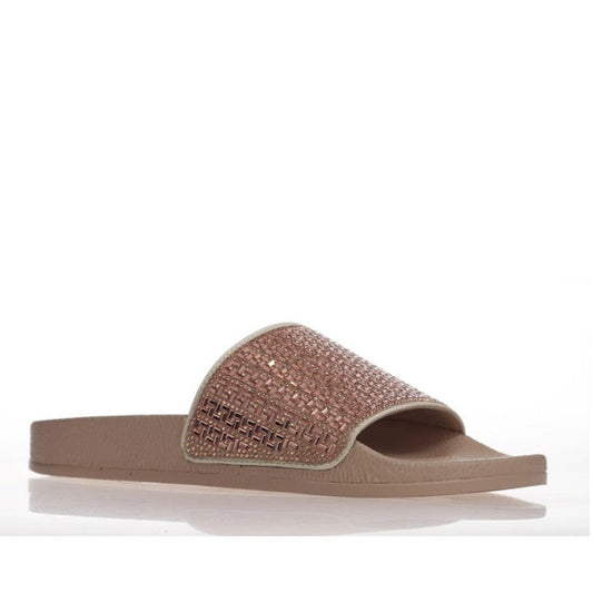 Alfie & Evie Billie Rose Gold Nude Diamante Slides with comfy tan sole, sparkly rose gold strap, and easy slip-on style for every mom.  ksnz