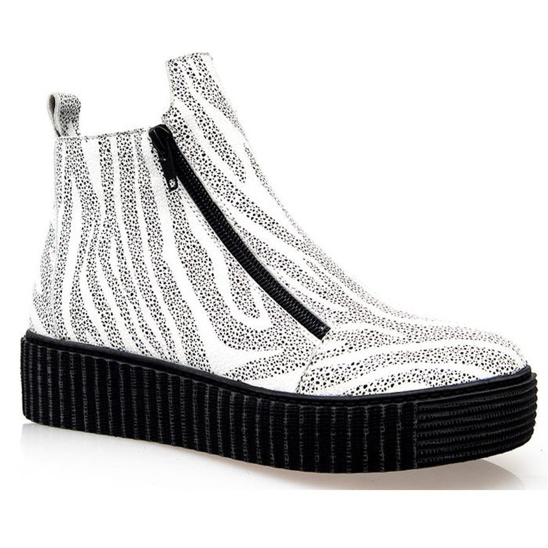 Alfie & Evie Womens Davith Zebra Leather Ankle Boot with playful black and white stripes, easy side zipper, and sturdy platform sole.  ksnz