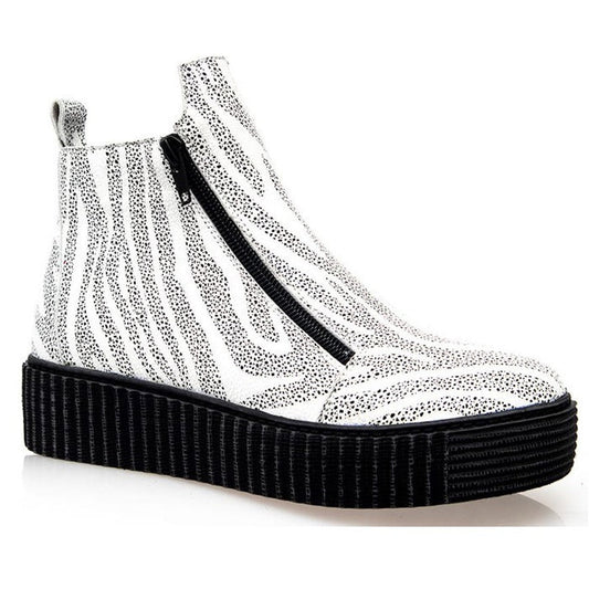 Alfie & Evie Womens Davith Zebra Leather Ankle Boot with playful black and white stripes, easy side zipper, and sturdy platform sole.  ksnz