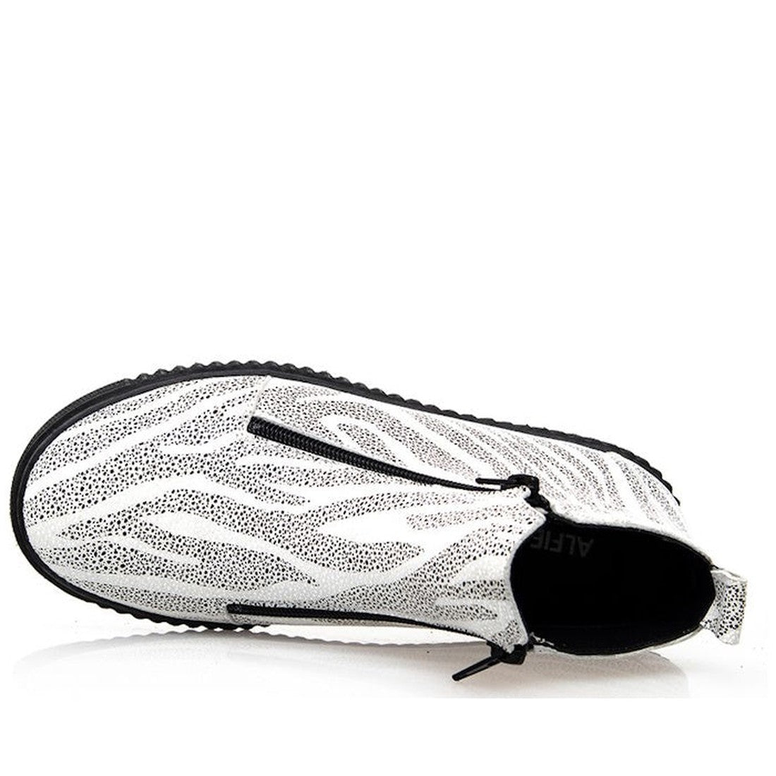 Alfie & Evie Womens Davith Zebra Leather Ankle Boot in black with playful zebra stripes, comfy black sole, and easy front zipper.  ksnz, 9353738178338, 9353738178345, 9353738178352, 9353738178369, 9353738178376