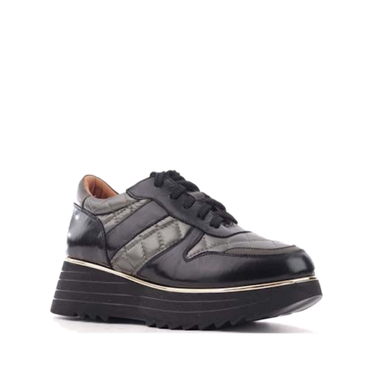 Alfie & Evie Helena black khaki women’s platform shoe with leather upper, quilted sides, secure black laces, and sturdy ridged sole.  ksnz
