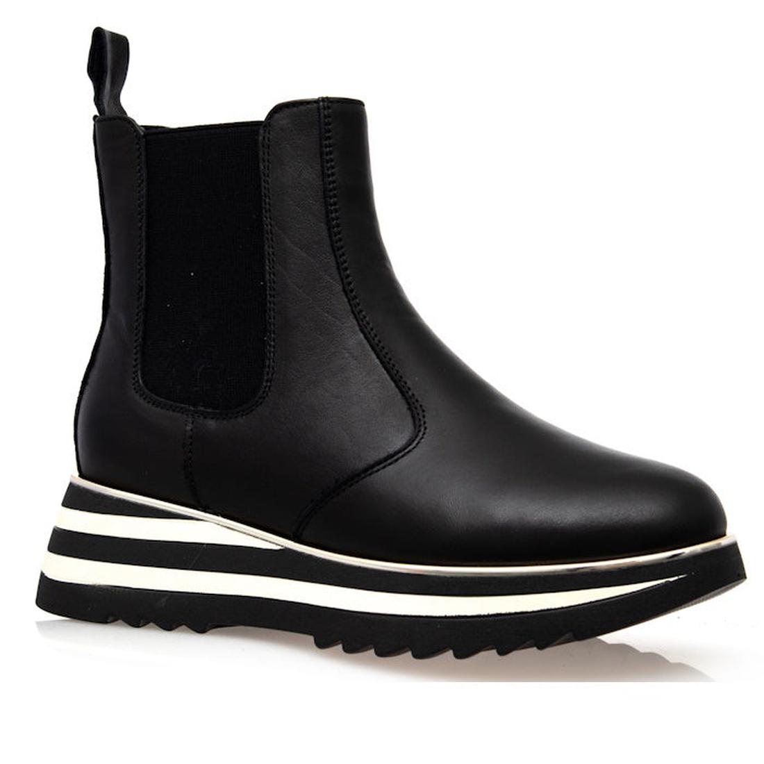 Alfie & Evie Hiccup Black Leather Ankle Boot for women with a fun striped sole, easy elastic sides, and handy pull tab at the back.  ksnz